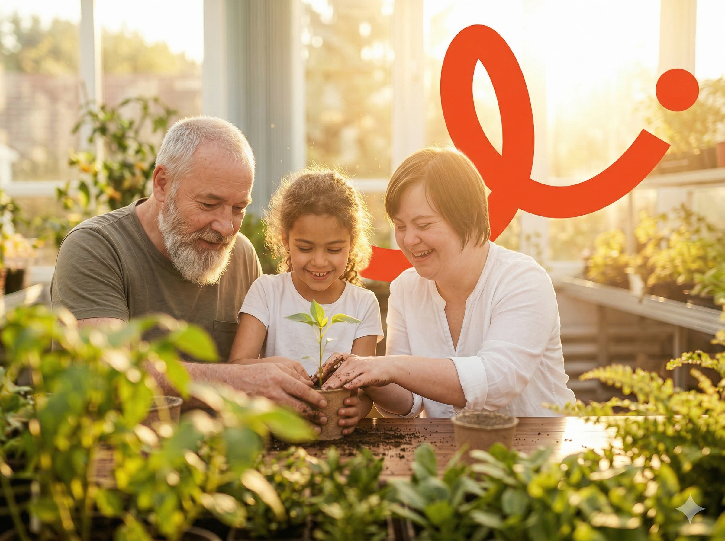 Ein älterer Mann, ein Mädchen und eine Frau mit Down-Syndrom pflanzen gemeinsam lachend eine junge Pflanze – drei Generationen pflanzen Hoffnung.